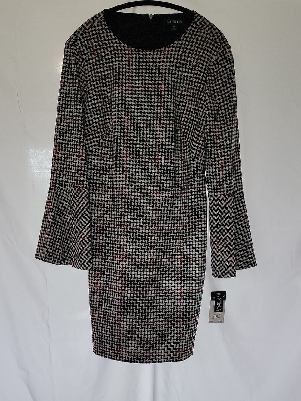 Nwt. Lauren Ralph Lauren Black, White & Red Houndstooth Long-Sleeve Dress